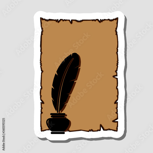 Old paper and feather in the inkwell isolated on gray background