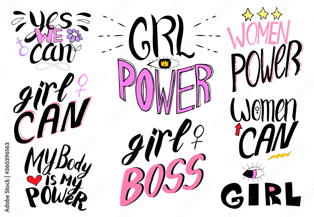 Feminism vector icon set. Hand lettering quotes.Girl power, girl boss,Woman can.