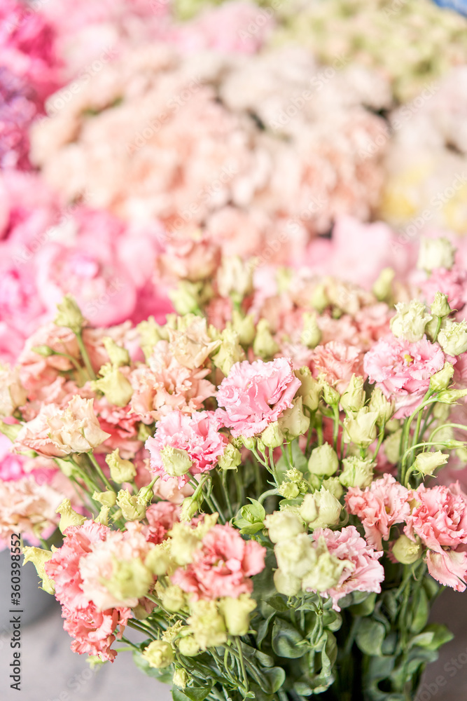 Floral carpet or Wallpaper. Background of mix of flowers. Beautiful flower for catalog or online store. Floral shop and delivery concept. Top view. Copy space