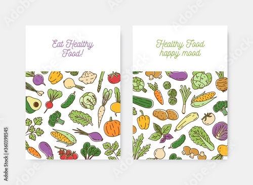 Set of posters with fresh organic vegetables and place for text in line art s...