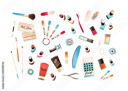 Set of colorful manicure and pedicure equipment vector flat illustration. Collection of different tools for nails care - nailfile, clippers, scissors. Cosmetics and accessories instrument isolated photo
