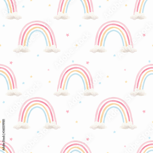Beautiful vector seamless pattern with watercolor colorful rainbows. Stock illustration.