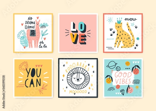 Set of colorful doodle cards vector flat illustration. Collection of postcards with cute exotic animals, plants, fruits and motivational slogans isolated. Hand drawn trendy decorative design