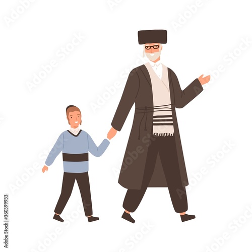 Positive jewish family grandfather and grandchild vector flat illustration. Happy elderly man and child walking together holding hands isolated on white. Friendly smiling grandparent and grandson