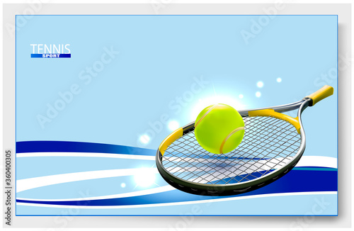 3 d Tennis Racquet. Vector Tennis Ball. A realistic object and sports background for posters, leaflets for world tennis competitions.Vector illustration.Sport equipment element.