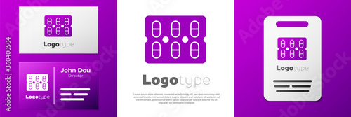 Logotype Pills in blister pack icon isolated on white background. Medical drug package for tablet, vitamin, antibiotic, aspirin. Logo design template element. Vector Illustration.