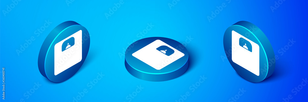 Isometric Bathroom scales icon isolated on blue background. Weight measure Equipment. Weight Scale fitness sport concept. Blue circle button. Vector Illustration. Isometric Bathroom scales icon isolated on blue background. Weight measure Equipment. Weight Scale fitness sport concept. Blue circle button. Vector Illustration.