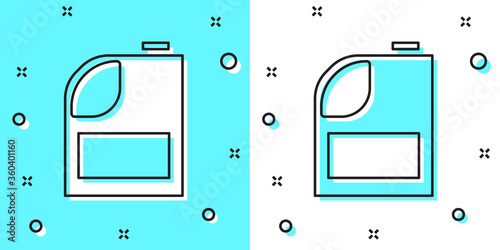 Black line Canister for motor machine oil icon isolated on green and white background. Oil gallon. Oil change service and repair. Engine oil sign. Random dynamic shapes. Vector Illustration.