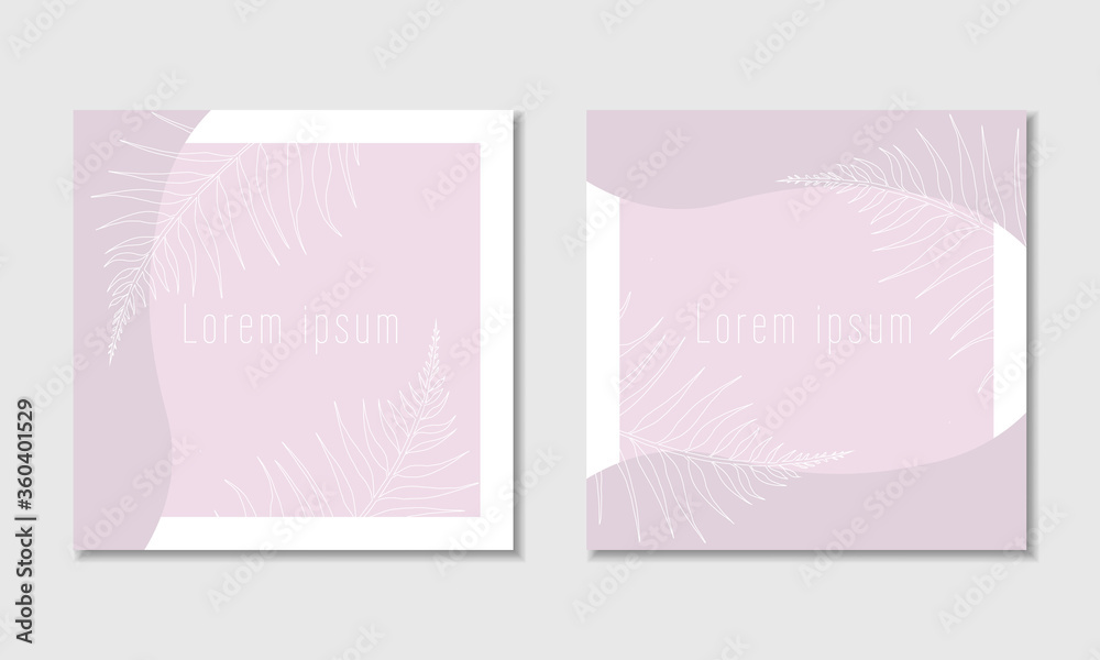 Vector herbal card template with pink background and white branch contour