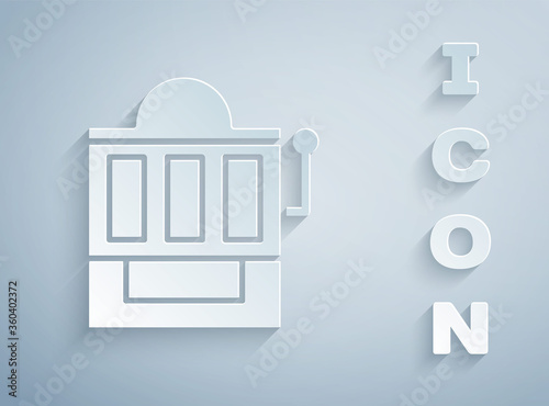 Paper cut Slot machine icon isolated on grey background. Paper art style. Vector Illustration.