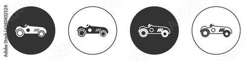 Black Vintage sport racing car icon isolated on white background. Circle button. Vector Illustration.