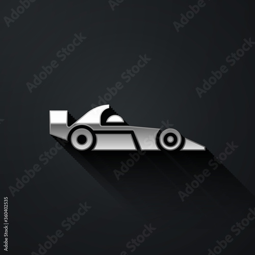 Silver Formula 1 racing car icon isolated on black background. Long shadow style. Vector Illustration.
