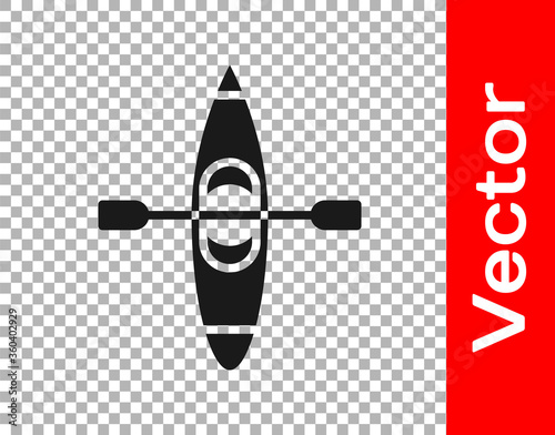 Black Kayak and paddle icon isolated on transparent background. Kayak and canoe for fishing and tourism. Outdoor activities. Vector Illustration.