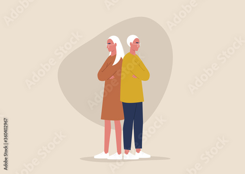 Young displeased characters standing back to back with arms crossed, quarrel, misunderstanding, emotional problems