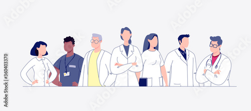 Team of doctors in cartoon style. The concept of the medical team. Doctors, nurses, orderlies - medical staff. Vector. Illustration in flat style.
