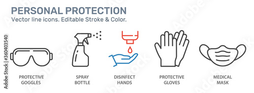 Personal protection line icons set. Black vector illustration. Editable stroke.