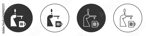 Black Beer tap with glass icon isolated on white background. Circle button. Vector Illustration.
