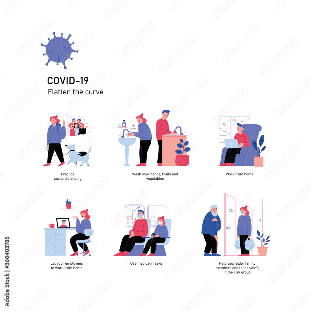 Illustrations set. Quarantine and covid-19 prevention.