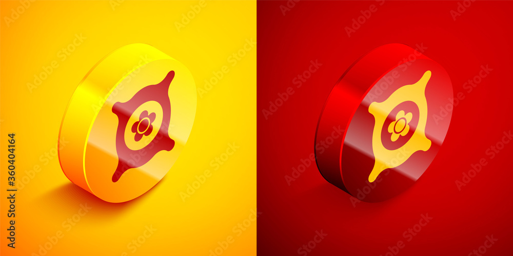 Isometric Pack full of seeds of a specific plant icon isolated on orange and red background. Circle button. Vector Illustration.