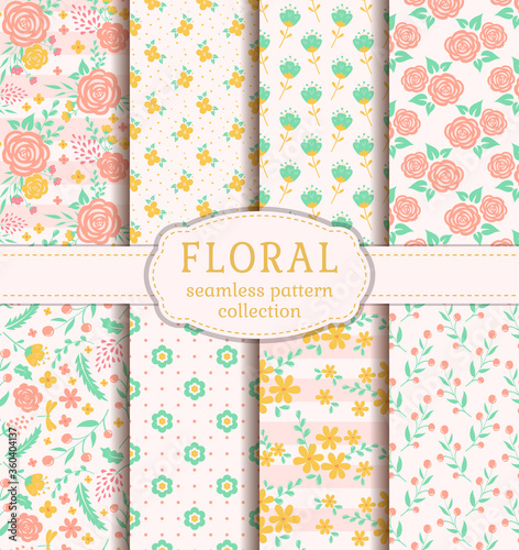 Floral seamless patterns. Collection of backgrounds with cute flowers. Vector set.