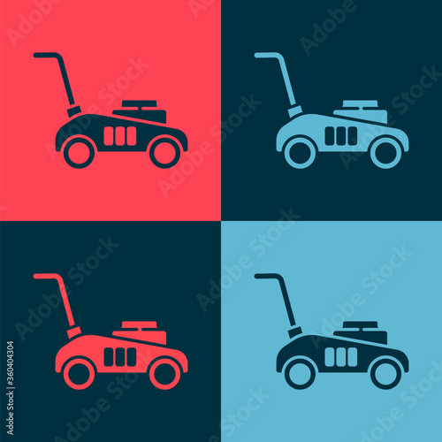 Pop art Lawn mower icon isolated on color background. Lawn mower cutting grass. Vector Illustration.