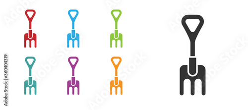 Black Garden rake icon isolated on white background. Tool for horticulture, agriculture, farming. Ground cultivator. Set icons colorful. Vector Illustration.