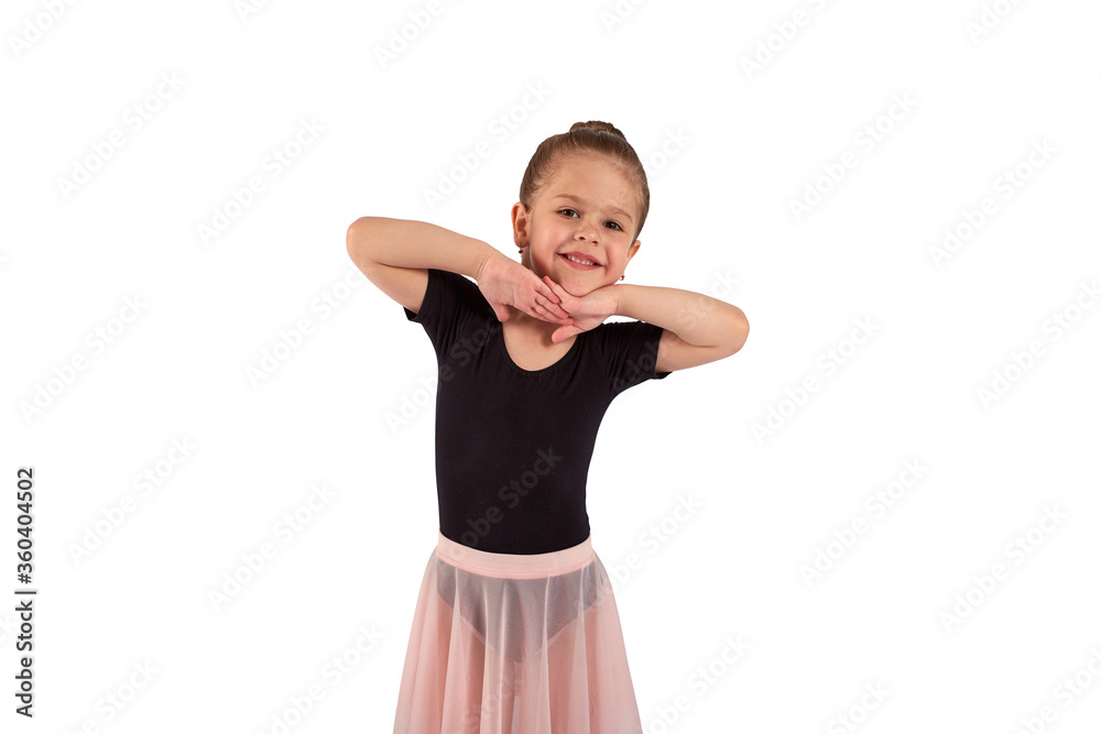 Portrait of cute little girl wearing dance suit, smiling and propping up her head with hands , isolated on white background Portrait of cute little girl wearing dance suit, smiling and propping up her head with hands , isolated on white background