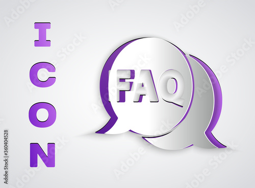 Paper cut Speech bubble with text FAQ information icon isolated on grey background. Circle button with text FAQ. Paper art style. Vector Illustration.