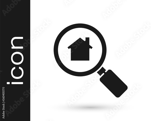 Grey Search house icon isolated on white background. Real estate symbol of a house under magnifying glass. Vector Illustration.