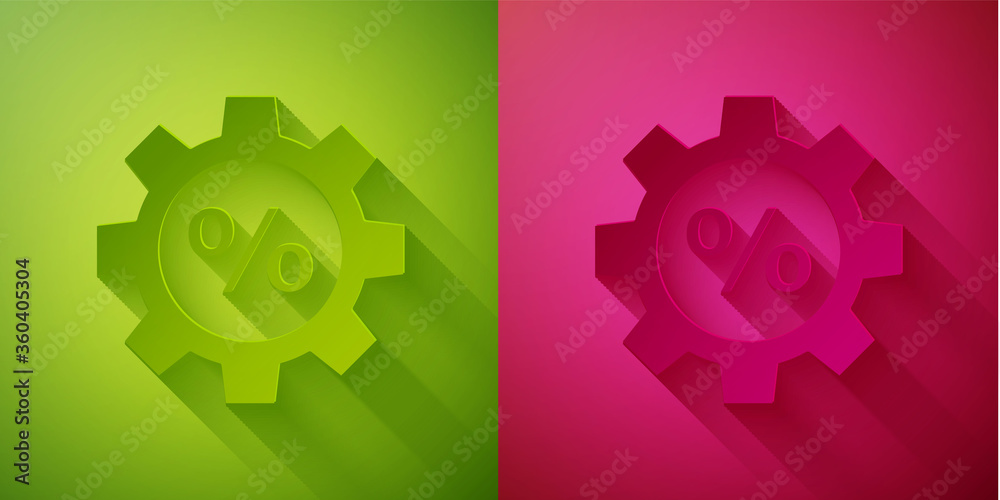 Paper cut Gear with percent icon isolated on green and pink background. Paper art style. Vector Illustration. Paper cut Gear with percent icon isolated on green and pink background. Paper art style. Vector Illustration.