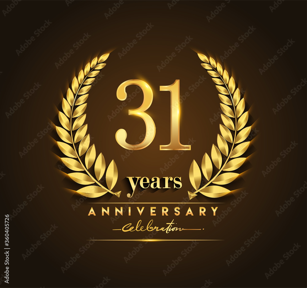31st gold anniversary celebration logo with golden color and laurel wreath vector design. 31st gold anniversary celebration logo with golden color and laurel wreath vector design.