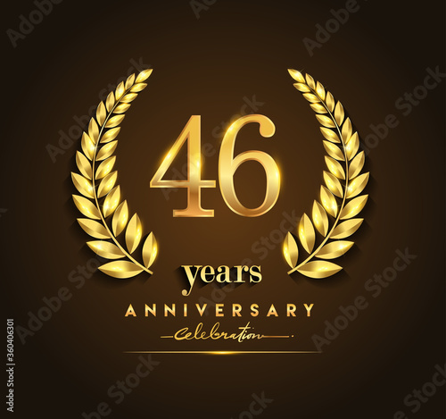 46th gold anniversary celebration logo with golden color and laurel wreath vector design.