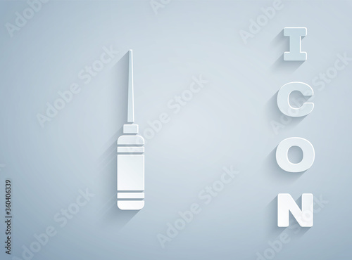Paper cut Awl tool with wooden handle icon isolated on grey background. Work equipment tailor industry. Paper art style. Vector Illustration.