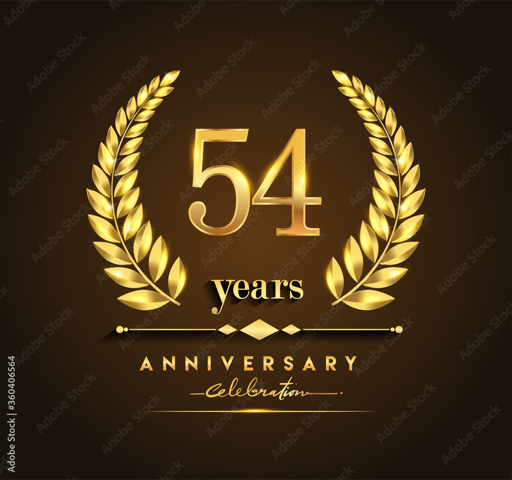 54th gold anniversary celebration logo with golden color and laurel wreath vector design.