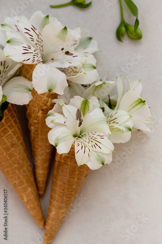 Spring or summer concept. Flowers in the ice-cream scones.