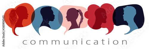 Silhouette heads people in profile inside speech bubble talking and communicating. Communication text. Communicate and share ideas and information on social networks. Community concept