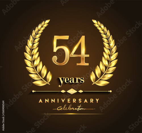 54th gold anniversary celebration logo with golden color and laurel wreath vector design.