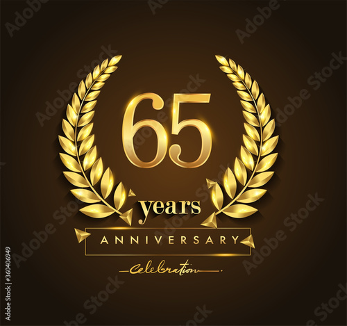 65th gold anniversary celebration logo with golden color and laurel wreath vector design.