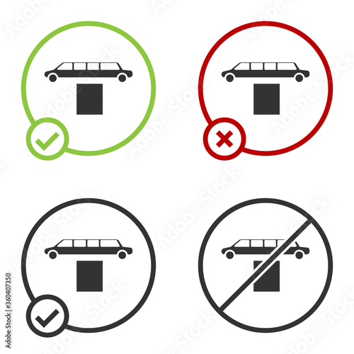 Black Luxury limousine car and carpet icon isolated on white background. For world premiere celebrities and guests poster. Circle button. Vector Illustration.