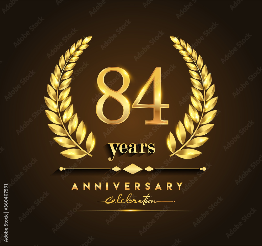 84th gold anniversary celebration logo with golden color and laurel wreath vector design. 84th gold anniversary celebration logo with golden color and laurel wreath vector design.