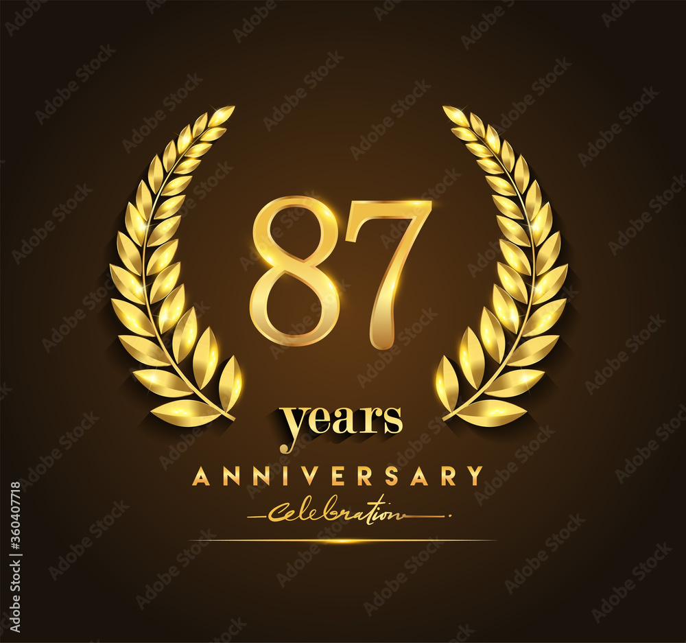 87th gold anniversary celebration logo with golden color and laurel wreath vector design.