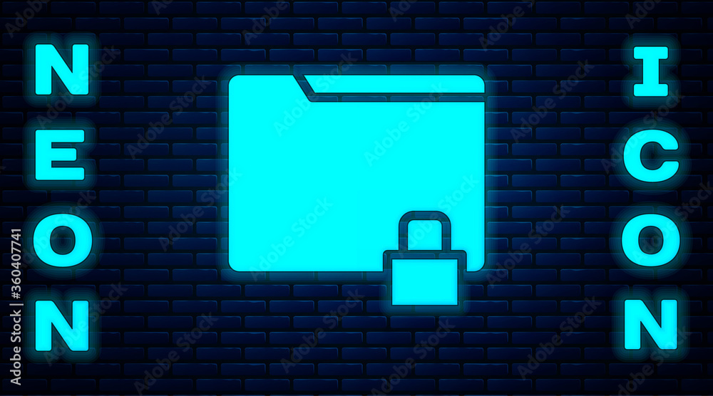 Glowing neon Folder and lock icon isolated on brick wall background. Closed folder and padlock. Security, safety, protection concept. Vector Illustration. Glowing neon Folder and lock icon isolated on brick wall background. Closed folder and padlock. Security, safety, protection concept. Vector Illustration.