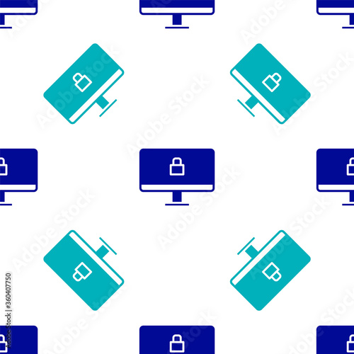 Blue Lock on computer monitor screen icon isolated seamless pattern on white background. Security, safety, protection concept. Safe internetwork. Vector Illustration. © Kostiantyn