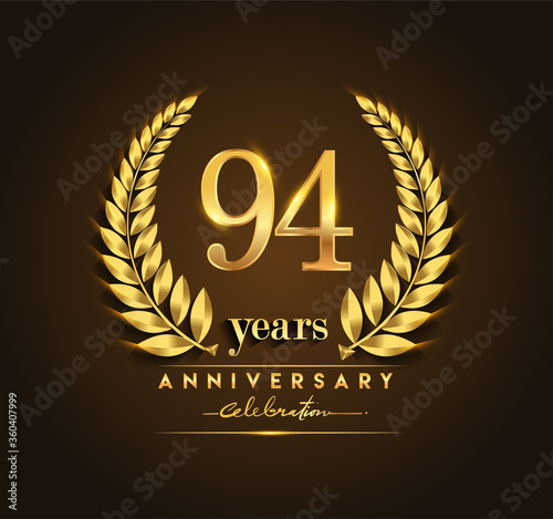 94th gold anniversary celebration logo with golden color and laurel wreath vector design.