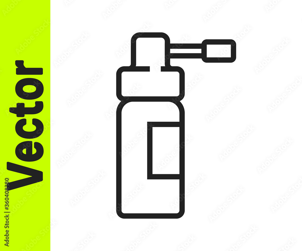 Black line Medical bottle with nozzle spray for the treatment of diseases of the nose and throat icon isolated on white background. Vector Illustration. Black line Medical bottle with nozzle spray for the treatment of diseases of the nose and throat icon isolated on white background. Vector Illustration.