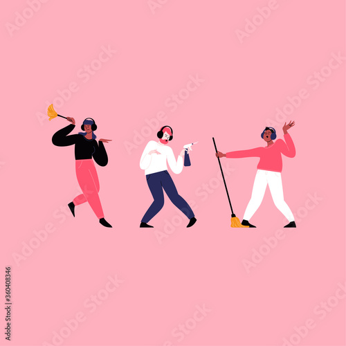 Flat illustration of people whearing earphones dancing at home. Dancing while cooking, dancing with a houseplant; dancing sitting at the desk