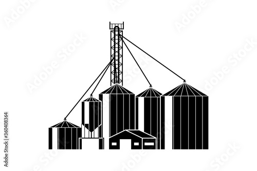 Grain elevator. Warehouse with silos for grain storage black design isolated on white background. Vector illustration