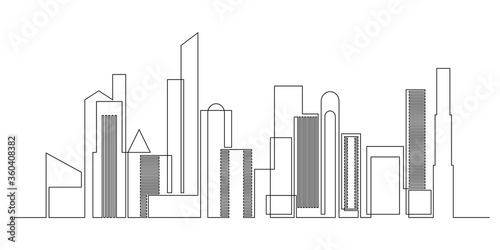 Abstract drawing of urban skyline in continuous line art drawing style. Modern cityscape black linear design isolated on white background. Vector illustration