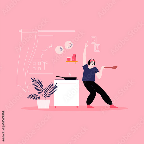 Flat illustration of a man whearing earphones dancing at the kitchen while cooking