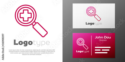 Logotype line Magnifying glass for search medical icon isolated on white background. Hospital search. Logo design template element. Vector Illustration.